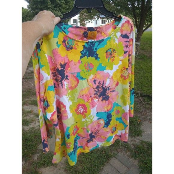 Floral Top Ruby Rd 2X 3/4 Sleeves Pink Yellow Green - Picture 1 of 6